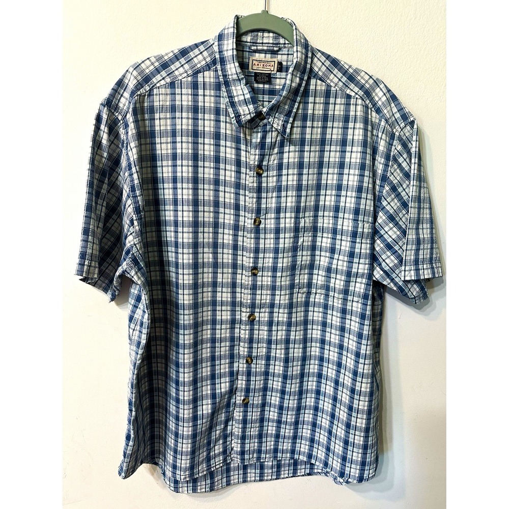 The Original Arizona Jean Co Men Large Short Sleeve Plaid Button Down Shirt Blue